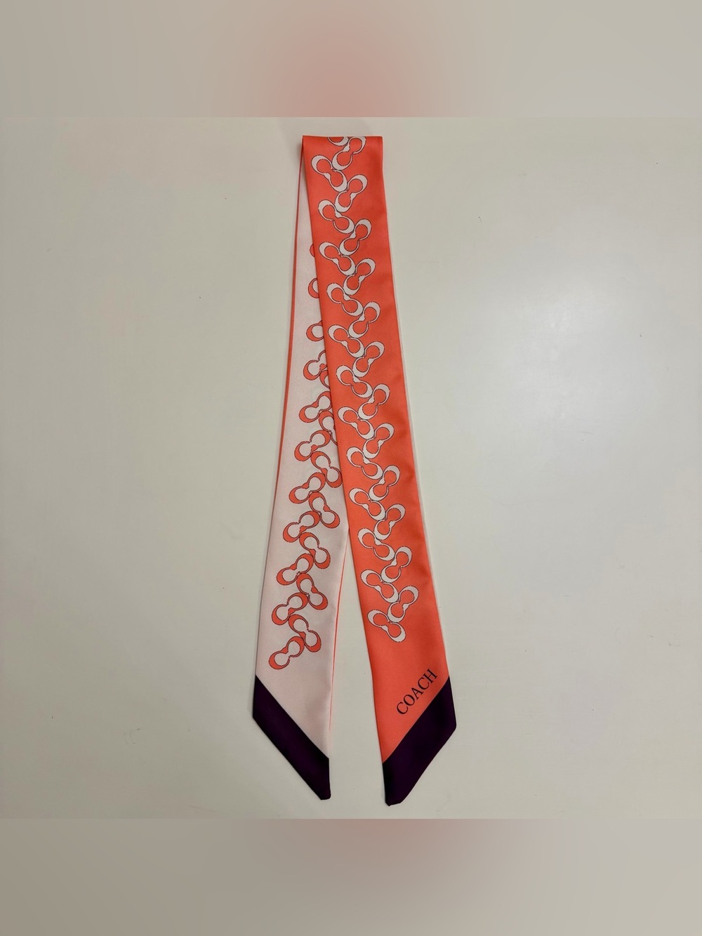 Coach Signature Logo Silk Twilly Scarf - Coral & Cream - NWOT - Picture 3 of 5